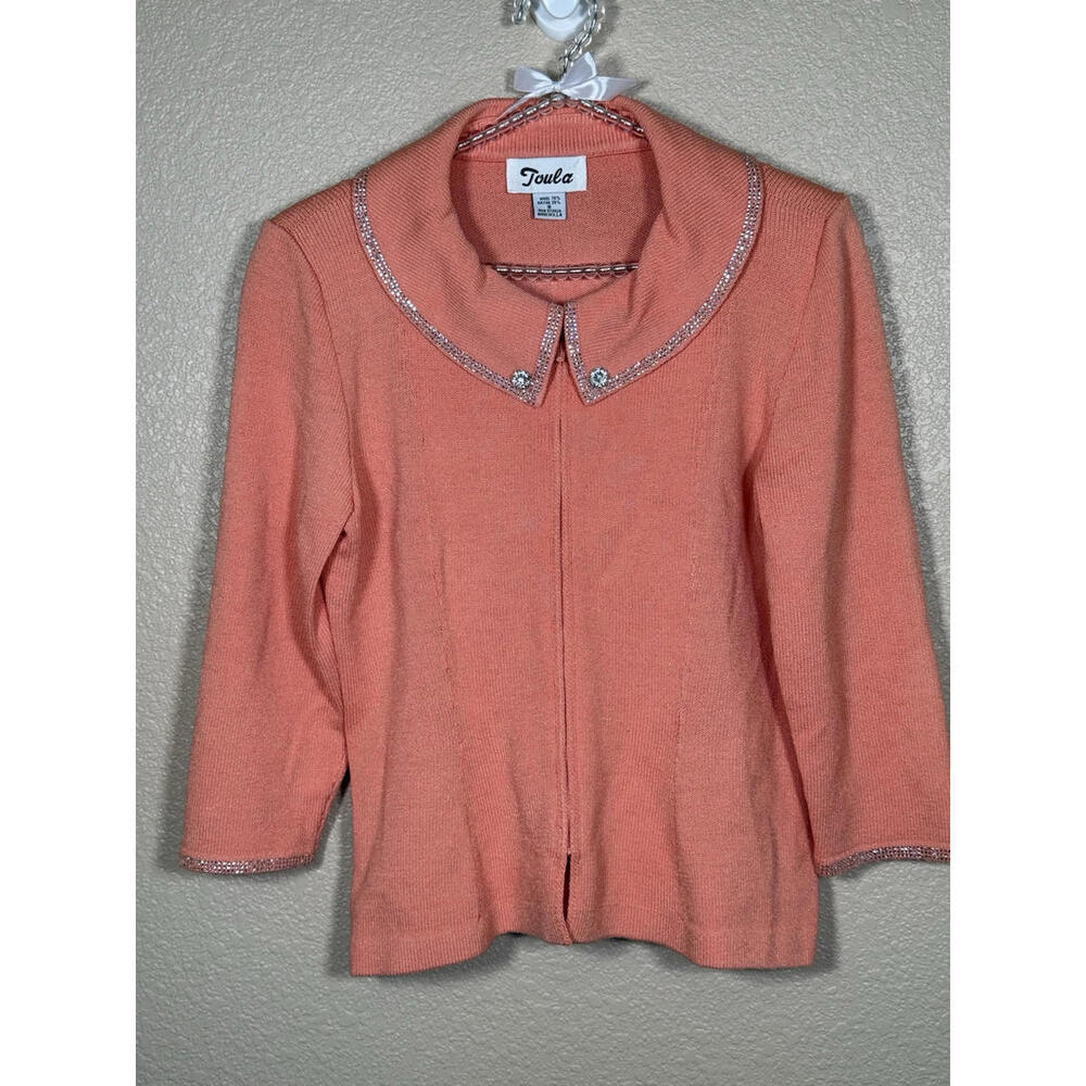 Toula Wool Blend Cardigan  Zip Sweater Size 8 Coral  Knit Rhinestone Collar NWT‎